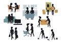 Silhouettes collection of man and woman , couples moving in together, carry boxes in new home, shopping, watching tv, cleaning hou Royalty Free Stock Photo