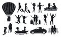 Silhouettes collection of men and woman, couples traveling with suitcases, on hot air balloon ride, sing, dance, in the park on a Royalty Free Stock Photo