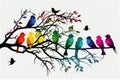 Silhouettes of colorful birds on a branch on a white background. Ai genrative Royalty Free Stock Photo