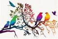 Silhouettes of colorful birds on a branch on a white background. Ai genrative Royalty Free Stock Photo