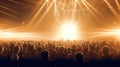 Silhouettes of concert crowd in front of bright stage lights on a music festival. Generative AI. Illustration for cover, card, Royalty Free Stock Photo