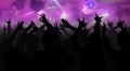 Silhouettes of concert crowd with hands raised at a music disco Royalty Free Stock Photo