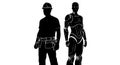 Silhouettes of a construction worker and a futuristic robot standing sidebyside, isolated on transparent background Royalty Free Stock Photo