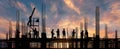 The silhouettes of construction workers against a colorful sunset sky. AI generated image Royalty Free Stock Photo