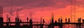 Silhouettes of Construction Workers Collaborating on a Building Site at Sunset Highlighting Teamwork in the Construction Royalty Free Stock Photo