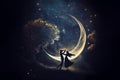 silhouettes of couple dancing over beautiful crescent moon background. Royalty Free Stock Photo