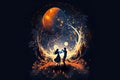 silhouettes of couple dancing over beautiful crescent moon background. Royalty Free Stock Photo