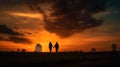 silhouettes couple holding hands at sunset