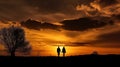 silhouettes couple holding hands at sunset