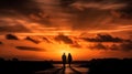 silhouettes couple holding hands at sunset