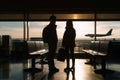 Silhouettes of a couple in international airport looking at airplanes outside. Generative AI