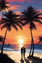 The silhouettes of a couple lovers in the white sand beach with palm trees and the sunset over the beach, pen and ink Royalty Free Stock Photo