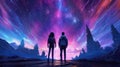 A Silhouettes of couple under the celestial sky of purple and blue filled with stars and galaxies. Fantasy illustration