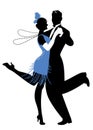 Silhouettes of couple wearing clothes in the style of the twenties dancing Charleston Royalty Free Stock Photo