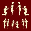 Silhouettes of couples, men and girls set