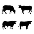 Silhouettes of cows set. Simple icons with cow, farming production of milk and meat Royalty Free Stock Photo