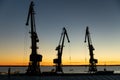Silhouettes of cranes in the port in the evening at sunset Royalty Free Stock Photo