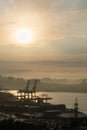 Silhouettes of cranes in the seaport of Vladivostok, Russia, the largest year-round port in Russian Far East.