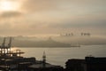 Silhouettes of cranes in the seaport of Vladivostok, Russia, the largest year-round port in Russian Far East.