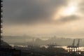 Silhouettes of cranes in the seaport of Vladivostok, Russia, the largest year-round port in Russian Far East.