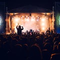 Silhouettes of a crowd of people fans at a live concert Royalty Free Stock Photo