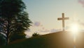 Silhouettes of Crucifix symbol on top mountain with Bright Sunbeam on the colorful sky background. 3d rendering