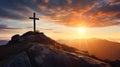 Silhouettes of crucifix symbol on top mountain with bright sunbeam on the colorful sky background