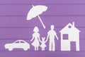 The silhouettes cut out of paper of man and woman with one girl under the umbrella, house and car near Royalty Free Stock Photo