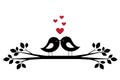 Silhouettes cute birds kiss and red hearts Royalty Free Stock Photo