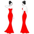 Silhouettes of cute ladies in red festive dresses. Girls show a style to be fused in front and behind. Models are slender and