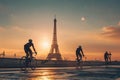 Silhouettes of cyclists at sunset, Eiffel Tower background.