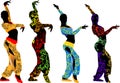 Silhouettes of dancers moving east