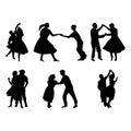 Silhouettes of dancing couples on white background. Vector illustration.