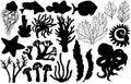 Silhouettes of deepwater living organisms, fish and algae.