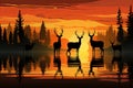 Silhouettes of deer against the background of sunset for Animal Protection Day Royalty Free Stock Photo