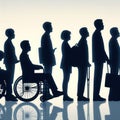 Silhouettes of different people, including those with disabilities in the queue. Royalty Free Stock Photo