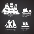 Silhouettes of different Ships in white color. Part 2