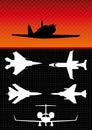 Silhouettes of different types of military aircraft on black background