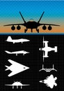 Silhouettes of different types of military aircraft on black background