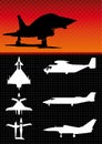 Silhouettes of different types of military aircraft on black background