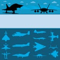 Silhouettes of different types of military aircraft on blue background