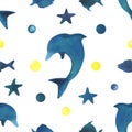 Silhouettes of a dolphin, fish, starfish and dots in blue, turquoise and yellow. Watercolor illustration, hand drawn in