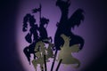 Silhouettes for dragon puppet theater and medieval knight Royalty Free Stock Photo