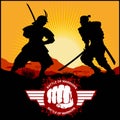 Silhouettes Duel of two samurai - Samurai Warriors With Katana Sword - MMA Mixed Martial Art Royalty Free Stock Photo