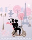 Silhouettes of Effel Tower, girls riding