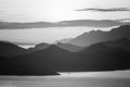 Silhouettes of Elaphiti Islands at sunset, dubravka viewpoint, dubrovnik, croatia, 2023, black and white, horizontal format Royalty Free Stock Photo