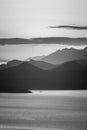 Silhouettes of Elaphiti Islands at sunset, dubravka viewpoint, dubrovnik, croatia, 2023, black and white, vertical format Royalty Free Stock Photo