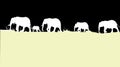 Silhouettes of elephants cross africa yellow sand on black background isolated.