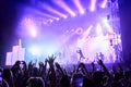 Silhouettes of excited crowd at music fest, hands raised with lit stage in background. Band performs at night, colorful Royalty Free Stock Photo