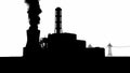 Silhouettes of Factory site with smoke from pipe going up on a white background